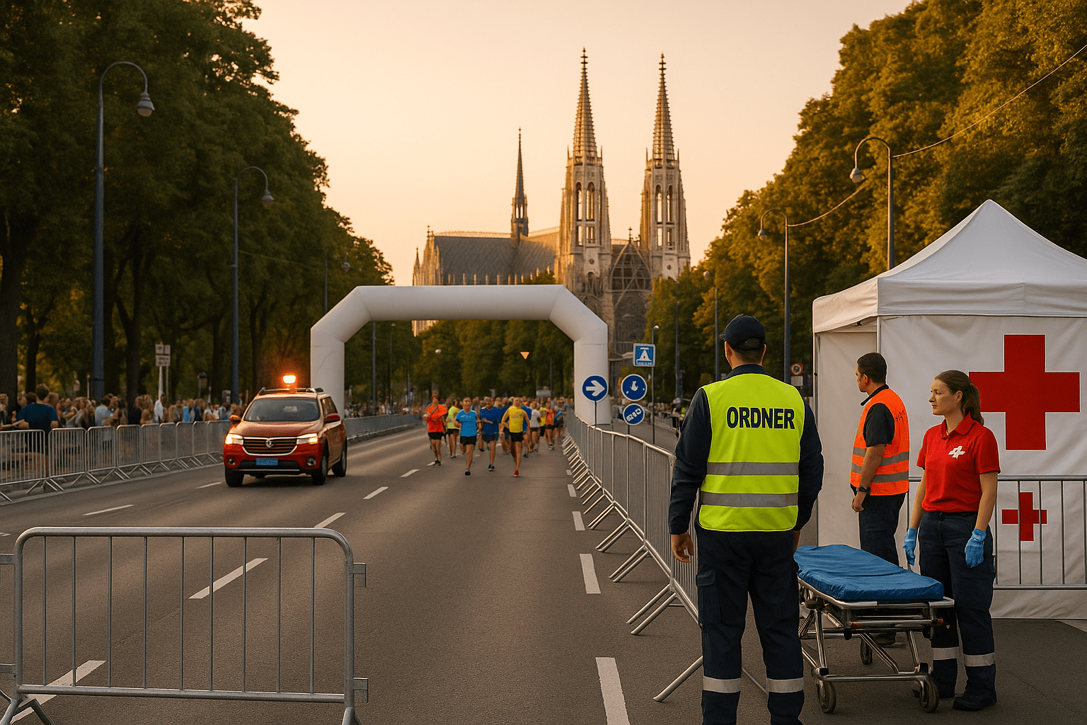 Laufveranstaltung in Wien: breiter Startkorridor mit Absperrgittern, Ordnerdienst, Sanitätsteam und Führungsfahrzeug; sichere Strecke und Crowd-Management.