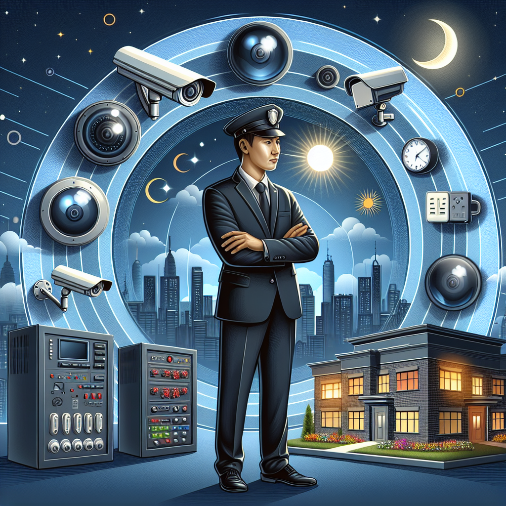 An illustration perfectly depicting round-the-clock security service. A compelling image of a suite of security equipment including surveillance cameras, alarm systems, and motion detectors. Show a security personnel diligently covering their post; a South Asian man smartly dressed in a dark uniform. The scene has moon and sun in the sky to represent the 24-hour service. In the foreground, there's a secure modern building - maybe a high-rise office building or a luxury residential complex. In the distance, a city skyline silhouetted against a changing sky from night till dawn, signifying the unrelenting, indispensable nature of security services.